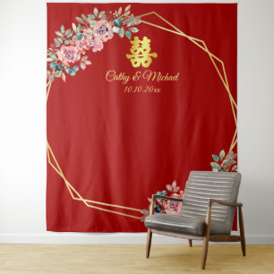 Roter goldener Blumenkranz Chinesischer Hochzeitst Wandteppich