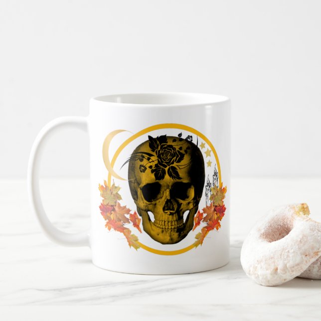Roter Goldener Schädel mit schwarzer Rose Kaffeetasse (Mit Donut)