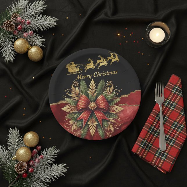 Roter Goldener Weihnachtskranz Santa Schlitten Pappteller (Von Creator hochgeladen)