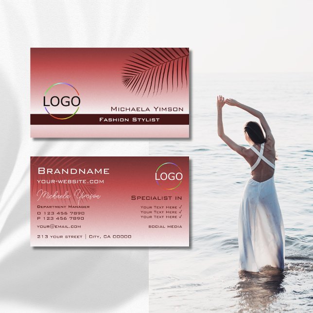 Roter Gradient Palmblättriger mit Beruflichem Logo Visitenkarte (Von Creator hochgeladen)
