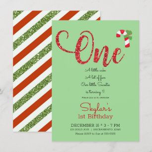 Roter & Grüner Glitter Weihnachten Geburtstag 1. G Einladung