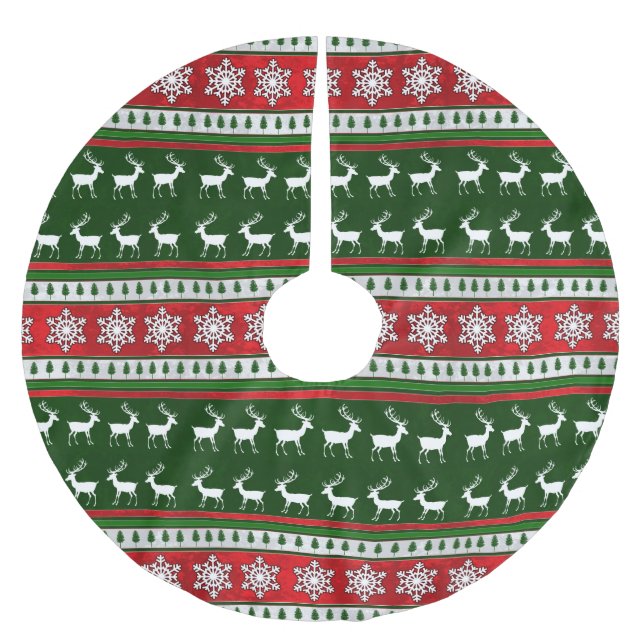 Roter, grüner Rentiersnowflake Polyester Weihnachtsbaumdecke (Vorderseite)