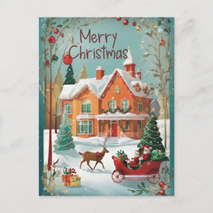 Roter grüner Vintage-Weihnachtsmann-Schlitten-Weih Postkarte