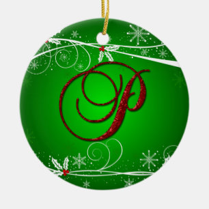 Roter grüner Weihnachtsbaumanhänger mit Anfangsbuc Keramik Ornament