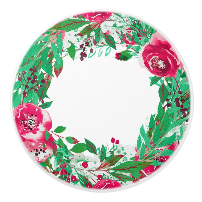 Roter Grüner Weihnachtsfeiertag Blume Winter Keramikknauf (Vorderseite)