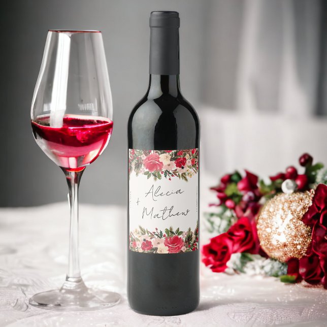 Roter grüner Winter Hochzeit Weinetikett (Red green winter Floral wedding Wine Label)