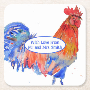 Roter Hahn Huhn Blaue Aquarell-Hochzeit Rechteckiger Pappuntersetzer