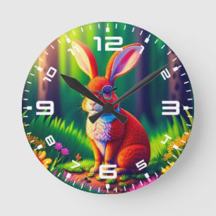 Roter Hase sitzt auf Gras Runde Wanduhr