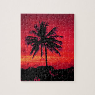 Roter Hawaiianischer Sonnenuntergang Exotische Pal Puzzle