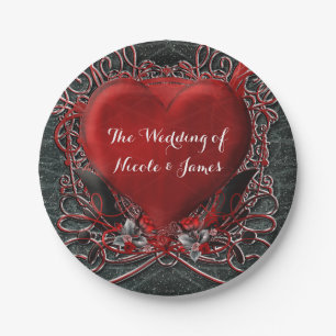 Roter Herz & Rosen Gothic Valentinstag Hochzeitsfe Pappteller