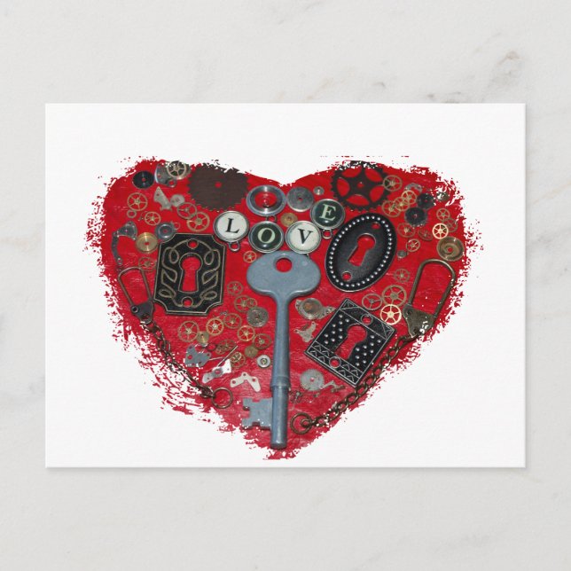 Roter Herz-Steampunk Postkarte (Vorderseite)