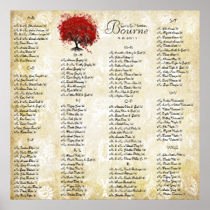 Roter Herzblatt-Damaskus-Hochzeits-Sitzplan Poster