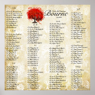 Roter Herzblatt-Damaskus-Hochzeits-Sitzplan Poster