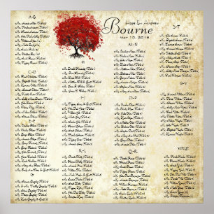 Roter Herzblatt-Damaskus-Hochzeitssitzplan Poster