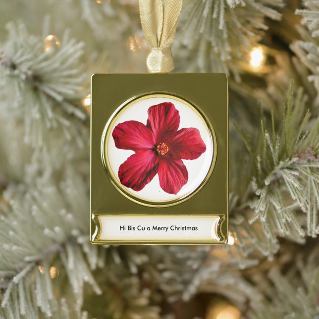 Roter Hibiskus Blume Banner Gold Plate Ornament (Baum)