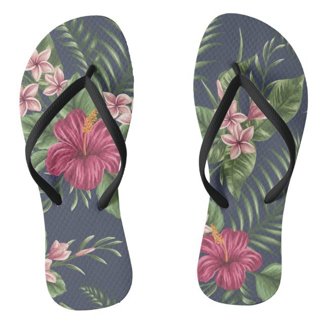 Roter Hibiskus Blume Blätter Dunkler Hintergrund G Flip Flops (Fußbett)