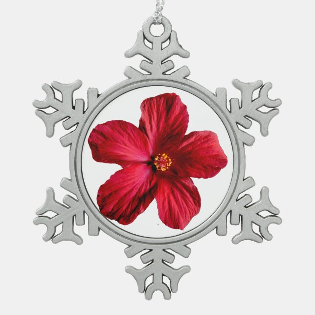 Roter Hibiskus Blume Pewter Snowflake Ornament (Vorderseite)
