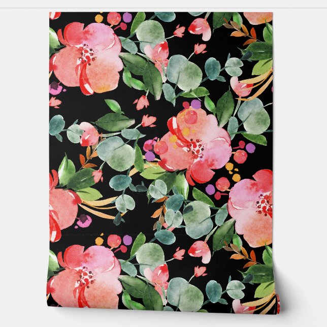 Roter Hibiskus Eukalyptus Grüne auf Schwarz Tapete (Abrollen)