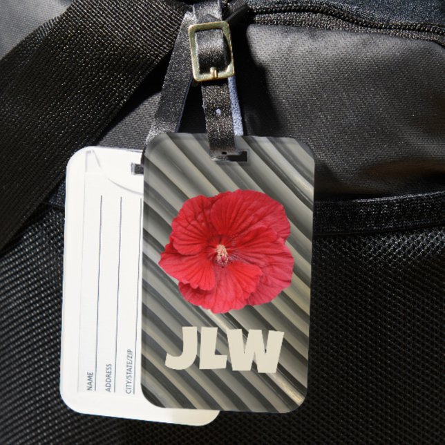 Roter Hibiskus Moderne, muffige graue Streifen Gepäckanhänger (Von Creator hochgeladen)