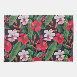 Roter Hibiskus, Orchideen, tropische Wasserfarbe. Geschirrtuch