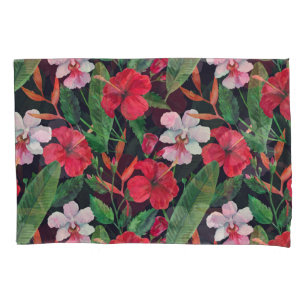 Roter Hibiskus, Orchideen, tropische Wasserfarbe. Kissenbezug