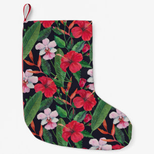 Roter Hibiskus, Orchideen, tropische Wasserfarbe. Kleiner Weihnachtsstrumpf