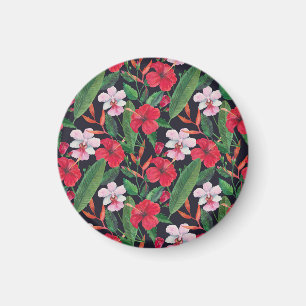 Roter Hibiskus, Orchideen, tropische Wasserfarbe. Magnet