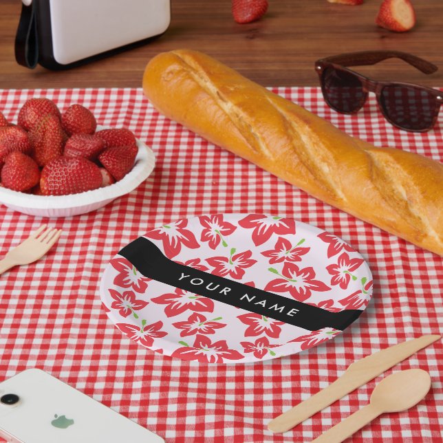 Roter Hibiskus, Rote Blume, Ihr Name Pappteller (Picknick)