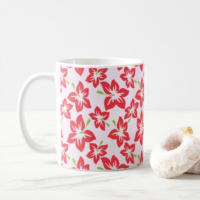 Roter Hibiskus, rote Blume, Muster von Blume Kaffeetasse (Mit Donut)