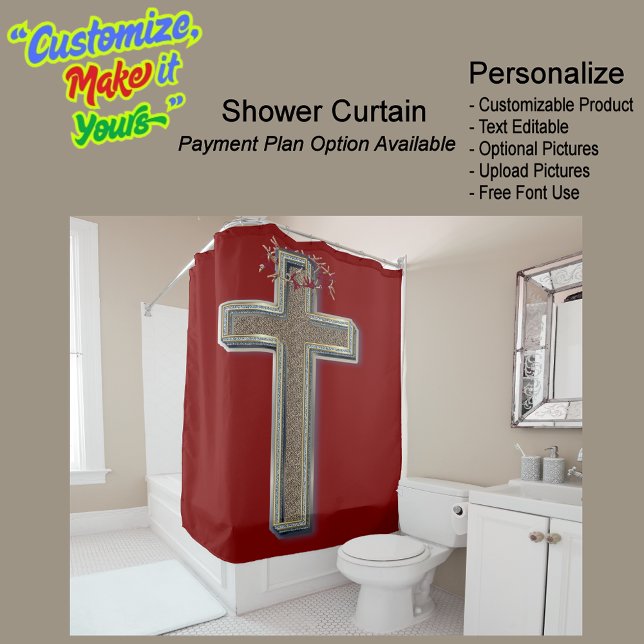 Roter Hintergrund des Duschvorhangs Duschvorhang (Cross Biblical Shower Curtain Featuring a Red Background.)