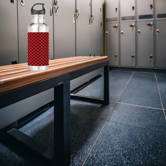 Roter Hintergrund für schwarze Herzen Edelstahlflasche (A water bottle with a pattern of black hearts on a red background.)