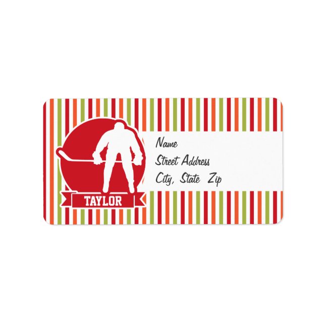 Roter Hockeyspieler, Rot, Orange, Grün Adressaufkleber (Vorne)