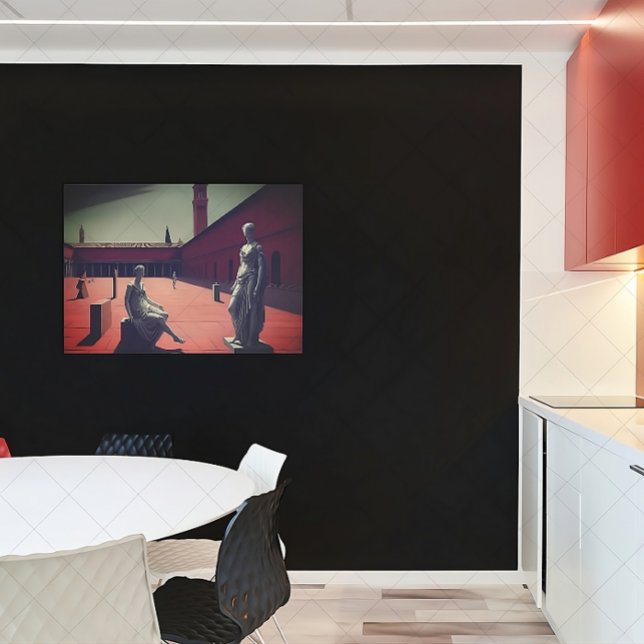 Roter Hof mit Statuen | Metaphysische Kunst Poster (Von Creator hochgeladen)