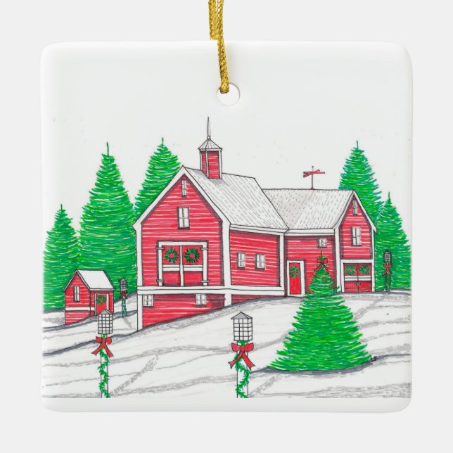 Roter Holiday Barn Ornament (Vorderseite)