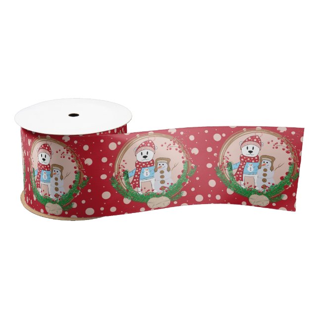 Roter Holiday Ribbon Rosa Dots Polar Bear n Snowma Satinband (Spule)