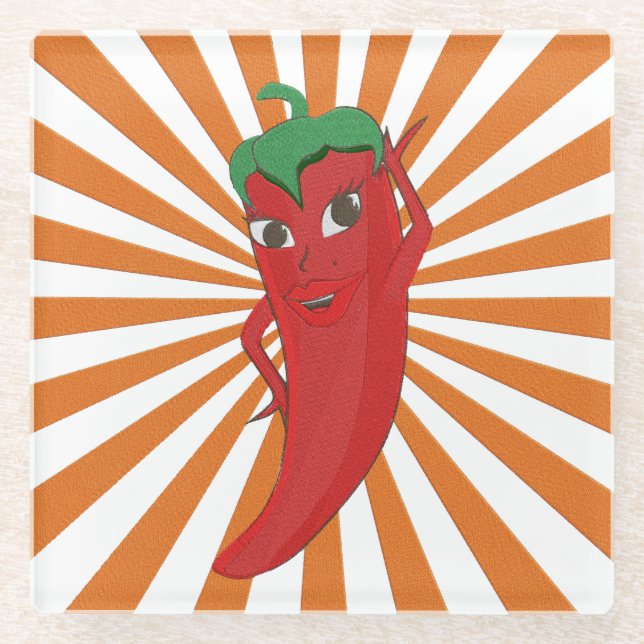 Roter Hot Pepper Diva Imitate Stickerei drucken Glasuntersetzer (Vorderseite)
