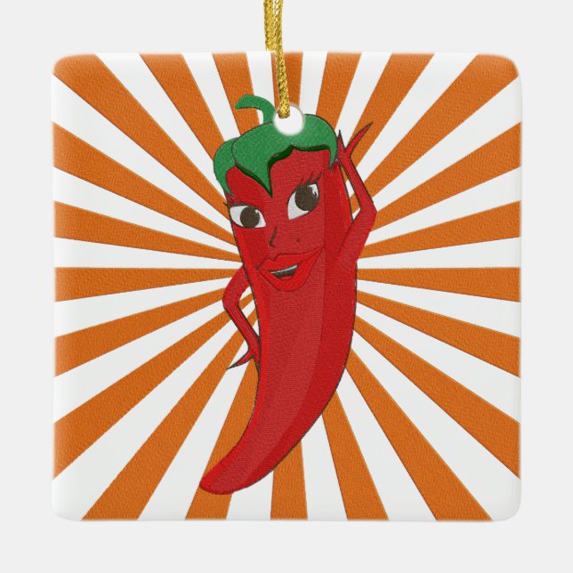 Roter Hot Pepper Diva Imitate Stickerei drucken Keramikornament (Vorderseite)