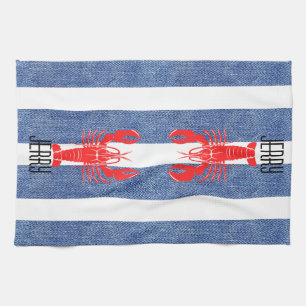 Roter Hummer auf Blau-Weiß-Denim-Streifen Geschirrtuch