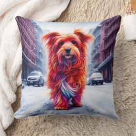 Roter Hund geht die schneebedeckte Winterstraße en Kissen