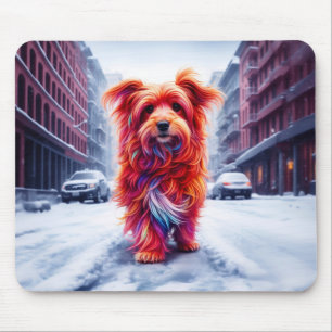 Roter Hund geht die schneebedeckte Winterstraße en Mousepad