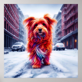 Roter Hund geht die schneebedeckte Winterstraße en Poster
