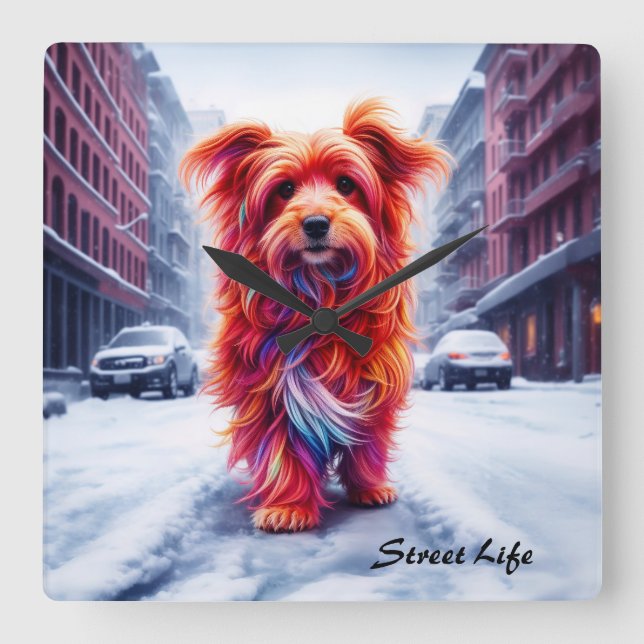 Roter Hund geht die schneebedeckte Winterstraße en Quadratische Wanduhr (Vorderseite)