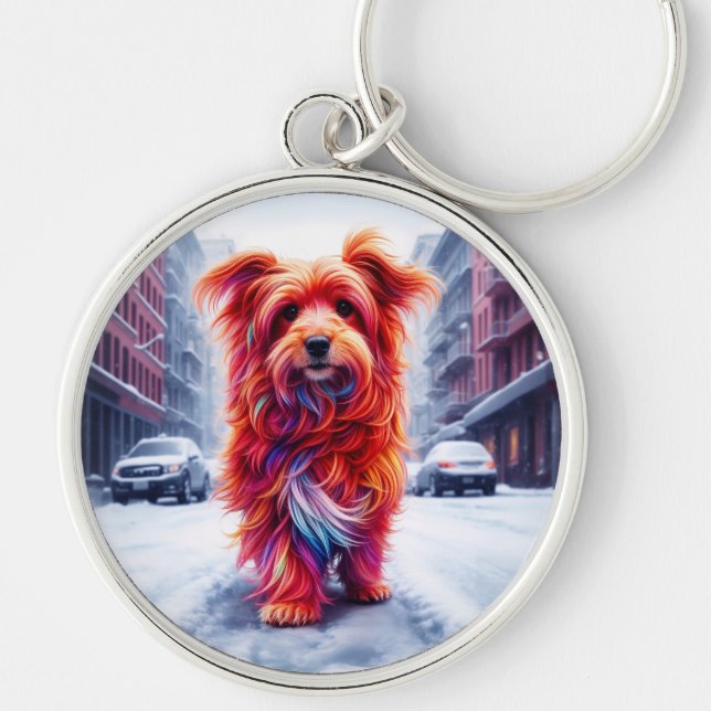 Roter Hund geht die schneebedeckte Winterstraße en Schlüsselanhänger (Vorne)