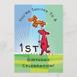 Roter Hund zum 1. Geburtstag mit Doggie Balloon Pa Einladung