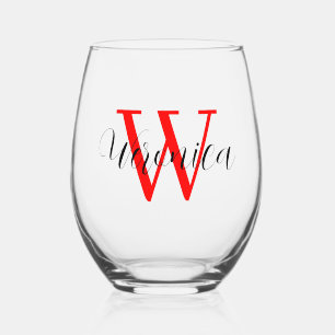 Roter Initial- und Schwarzer Name elegant Weinglas Ohne Stiel