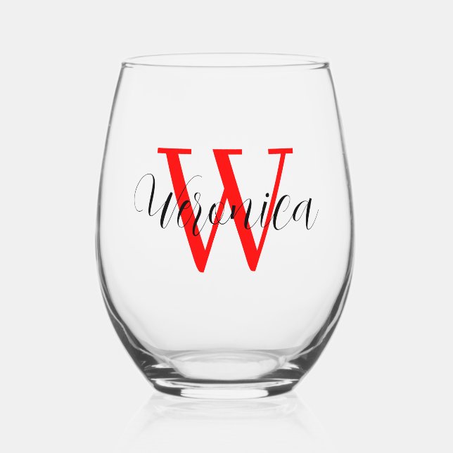 Roter Initial- und Schwarzer Name | elegant Weinglas Ohne Stiel (Vorderseite)