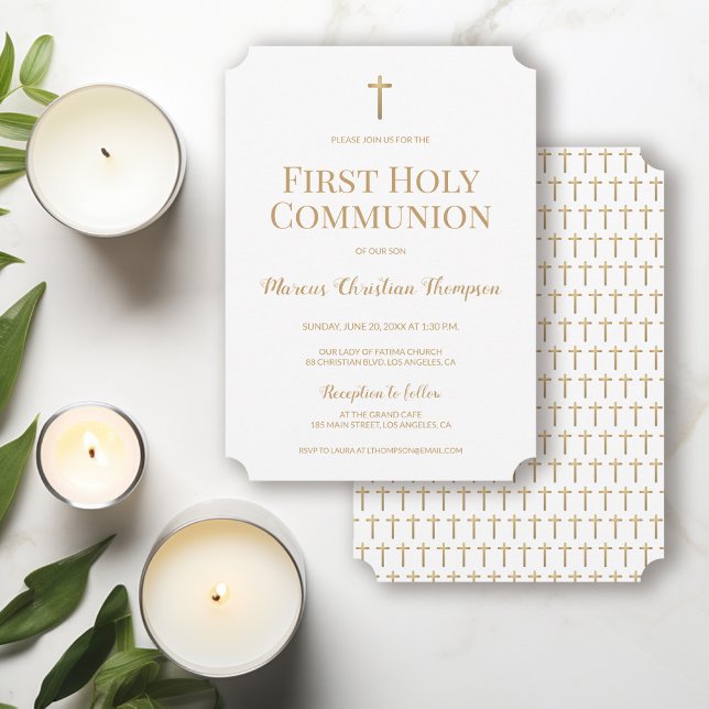 Roter Junge aus Weißem Gold Cross Erste heilige Ge Einladung (Simple, Chic, Elegant, Gold cross First holy communion invitation template.)