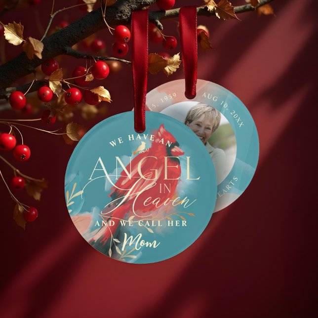 Roter Kardinal Angel im Foto zur Erinnerung an die Ornament (Red Cardinal Angel in Heaven Mom Memorial Photo Ornament)