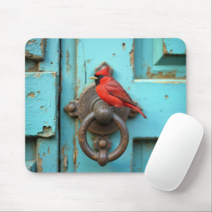 Roter Kardinal auf einem rostigen Türklopfer Mousepad