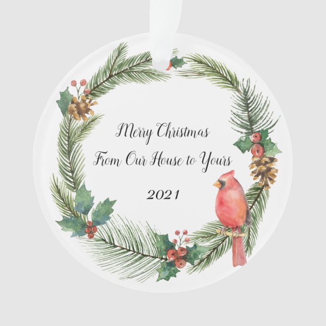 Roter Kardinal auf einem Weihnachtskranz - Aquarel Ornament (Vorderseite)